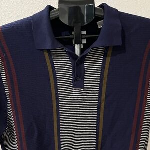 Max n Chester Blue White & Olive Stripe Stretch Cotton Knit Polo Shirt LARGE